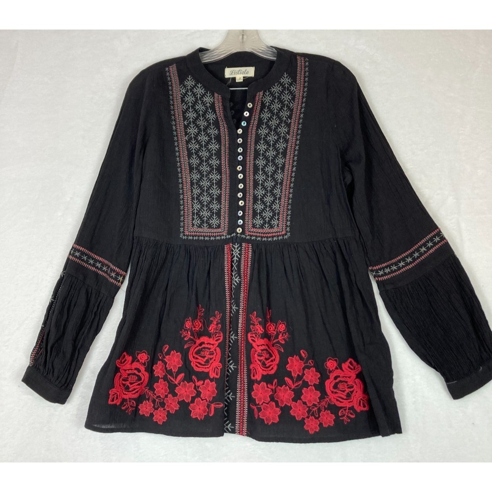 Listicle Womens Black Floral Embroidered Tunic Blouse‎ Long Sleeve Size S Boho